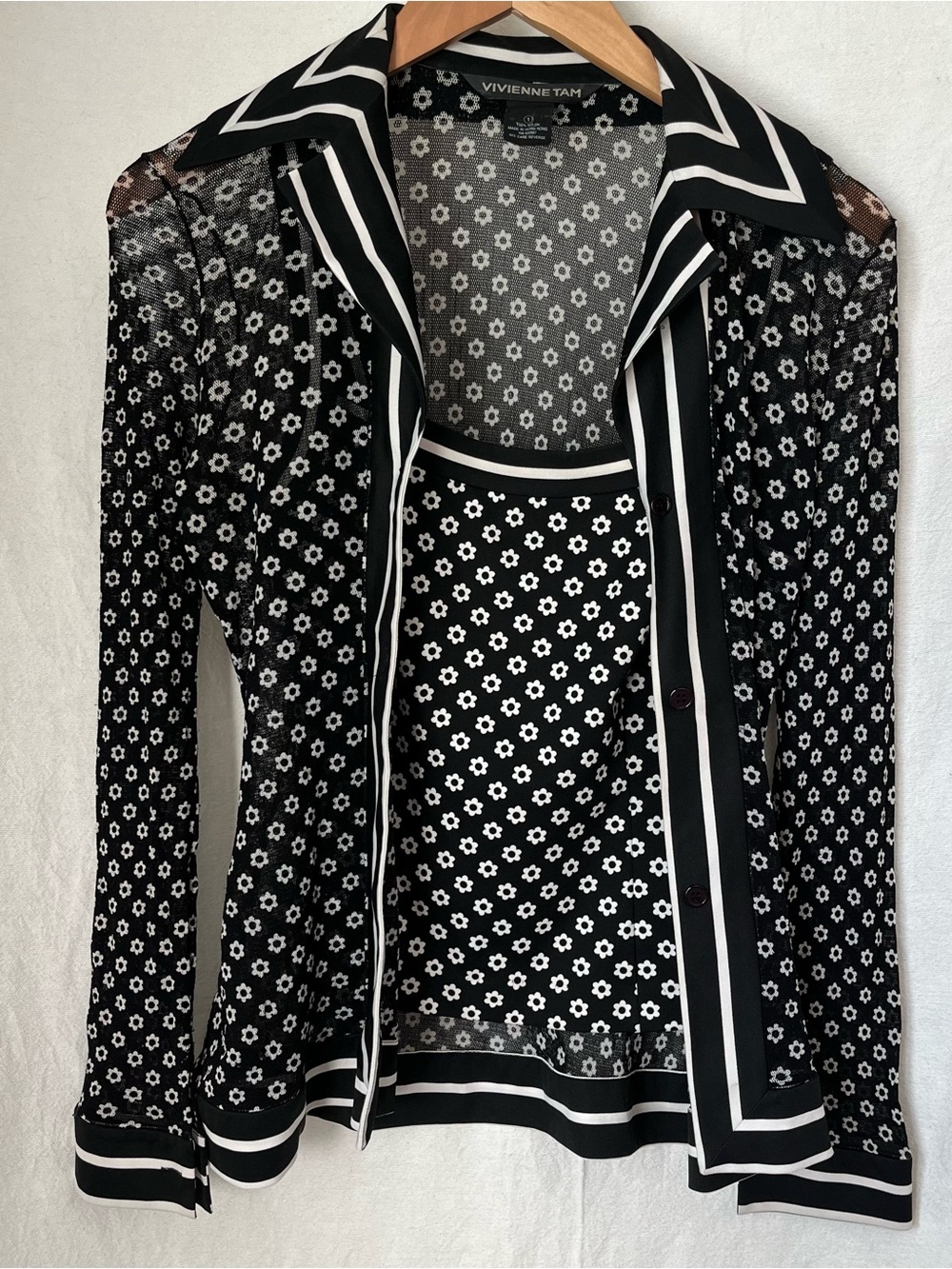 VTG Vivienne Tam Y2K Daisy Floral Mesh Button Down & Cami Twin Set Size 1 *EUC*